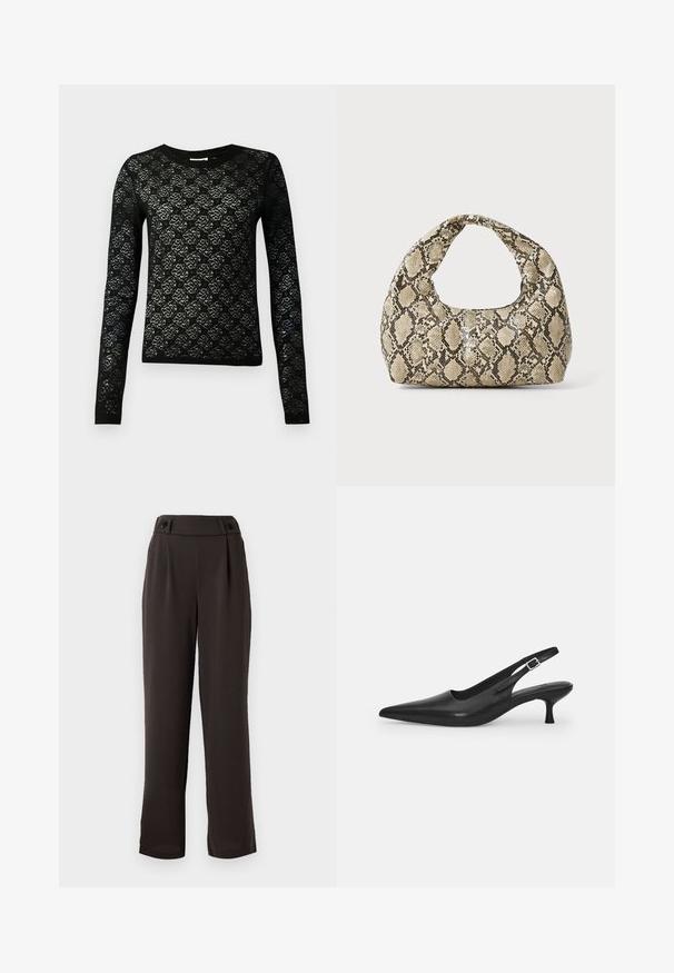 Črna čipkasta pulover s dolgimi rokavi in okroglim ovratnikom, ki prikazuje cvetlični vzorec z teksturiranim zaključkom.; Temno rjave krojene hlače z gladko teksturo tkanine, ki imajo visok pas, dve sprednji gubi in dekorativne črne gumbe na pasu.; Črne usnjene sandale z odprtim peto in konično oblikovanim prstom ter ozkim, ukrivljenim petnim delom. Imajo diskretno nastavljivo zaponko z kovinsko sponko.; Torba z vzorom kače s ukrivljenim ročajem. Narejena iz teksturiranih, bež in rjavih materialov, ki imajo značilen diamante vzorec.