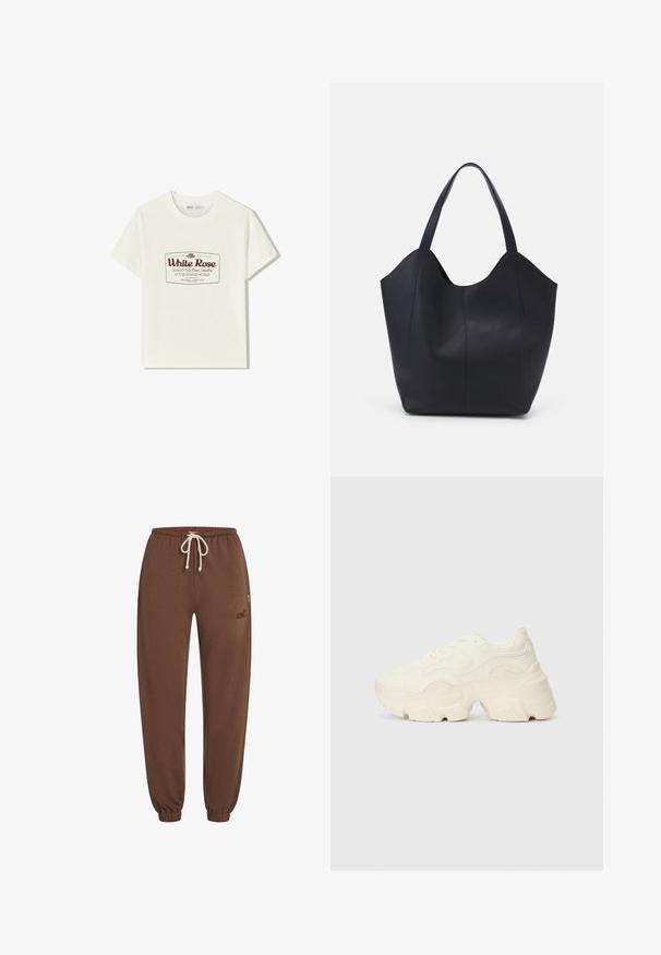 Bela bombažna majica s krožnim ovratnikom in kratkimi rokavi. Ima maroon natisnjen etiketni dizajn, ki govori "Bela vrtnica" in povezano besedilo.; Brahne trenirke iz mehkega materiala, z elastičnim pasom in vrvico, zoženimi hlačnicami ter logotipom na strani.; Debele bele športne copate, izdelane iz teksturirane mrežaste in sintetične materialov, z debelim podplatom in zapletenimi vzorčičnimi detajli ob straneh.; Črna torba v obliki tote iz gladke usnjene površine, ki ima ukrivljen odprt vrh z dvema naramnicama in minimalističnim dizajnom.