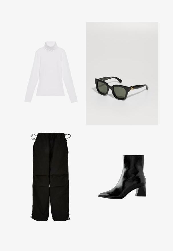 Hvid langærmet turtle-neck top lavet af glat, strækbart stof. Har en høj krave og tætsiddende design, uden synlige mønstre eller udsmykninger.; Sorte bukser lavet af letvægtsstof, med justerbar talje og snoretræk i bunden. Designet med en løs, oversized pasform og flere lommer.; Sort ankelstøvle med en glansfuld finish, spids tå og en kraftig kvadratisk hæl. Glat tekstur med et stilrent, minimalistisk design.; Sorte rektangulære solbriller med mørkegrønne linser. Har en glansfuld plastikramme og guldhardware detaljer på siderne.