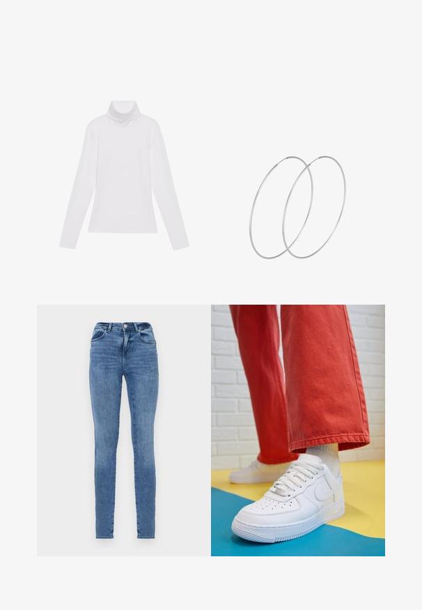 White long-sleeve turtleneck top made of smooth, stretchy fabric. Features a high collar and fitted design, with no visible patterns or embellishments.; Skinny jeans made of light blue denim with a classic design. Features five pockets, belt loops, and a subtle faded texture.; White leather sneaker with perforated toe box, textured sole, and white laces, paired with wide red pants and a blue and yellow background.; Silver hoop earrings with a minimalist design. Circular shape, smooth texture, and thin profile. Lightweight with a polished finish.