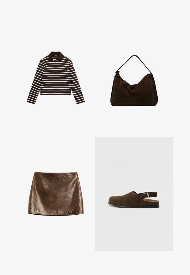 Brun og hvid stribet langærmet polo skjorte med krave og plastron med tre knapper, lavet af et blødt stof.; Brun metallisk miniskirt med en glat, skinnende overflade. Har et enkelt design og rene linjer, med en lige kant i bunden.; Brune ruskinds slip-on sko med lav hæl, en justerbar rem med en sølv spænde og en sort gummisål.; Brun ruskinds hobo taske med en blød, slasket form, der har en enkelt skulderrem og en subtil sømdetalje langs kanterne.