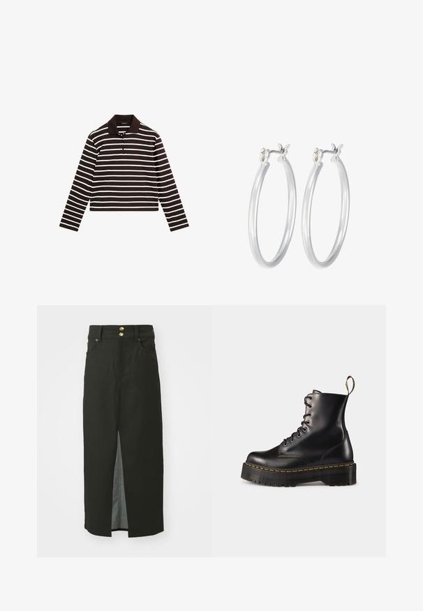 Bruine en witte gestreepte longsleeve polo met een kraag en een drieknoopsluiting, gemaakt van een zachte stof.; Zwarte spijkerrok met een hoge taille, sluiting met twee gouden knopen, een split aan de voorkant en zijzakken. Glad textuur en knielengte ontwerp.; Zwarte leren veterschoenen tot de enkel met een robuuste zwarte zool en gele stiksels. Kenmerkend zijn de trekloop aan de achterkant en de ronde metalen oogjes.; Zilveren oorbellen in de vorm van een gladde, gepolijste ring. Ronde vorm met een veilige kliksluiting. Lichtgewicht ontwerp, geschikt voor dagelijks gebruik.