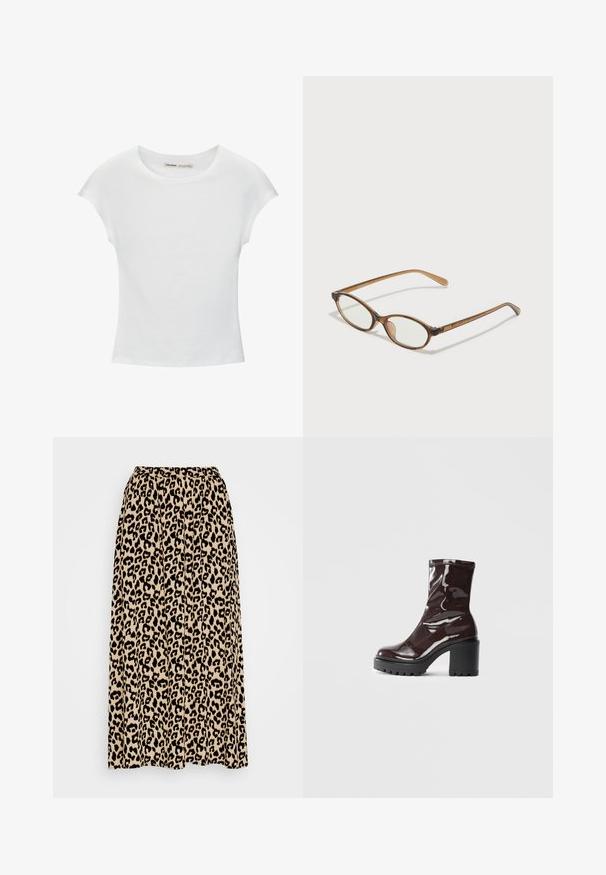 Bílé bavlněné tričko s krátkými, ohrnutými rukávy, kulatým výstřihem a rovnou spodní částí. Hladká textura bez viditelných vzorů nebo zdobení.; Sukně midi s leopardím potiskem v béžové a černé barvě. Obsahuje elastický pas a sklady pro lepší pohyb a pohodlí.; Lesklá bordó kotníková bota s masivním černým podpatkem, se hladkým povrchem a jednoduchým designem. Žádné viditelné zapínání ani vzory.; Hnědé želvovinové brýle s oválnými skly, tenkými bočními nohami a průhlednými akcenty. Obsahují decentní logo na stranu. Elegantní, lehký design.
