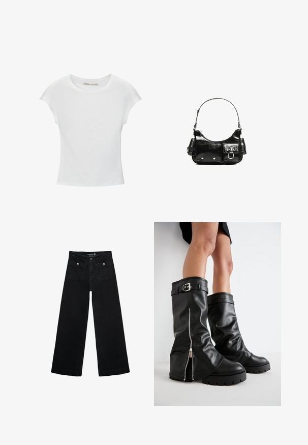 Biała bawełniana koszulka z krótkimi, podwiniętymi rękawami, okrągłym dekoltem i prostym dołem. Gładka tekstura bez widocznych wzorów ani ozdób.; Czarne, szerokie dżinsy z wysokim stanem, z dwoma przednimi kieszeniami i metalowymi guzikami. Tkanina ma gładką fakturę.; Czarne skórzane kozaki do kolan o szerokiej cholewce, z bocznym zamkiem błyskawicznym i akcentem w postaci klamry, o teksturowanym wykończeniu i masywnej gumowej podeszwie.; Czarna torebka z lakierowanej skóry o zaokrąglonym kształcie, z jednym paskiem na ramię, przednimi kieszeniami i akcentami w kolorze srebrnym.