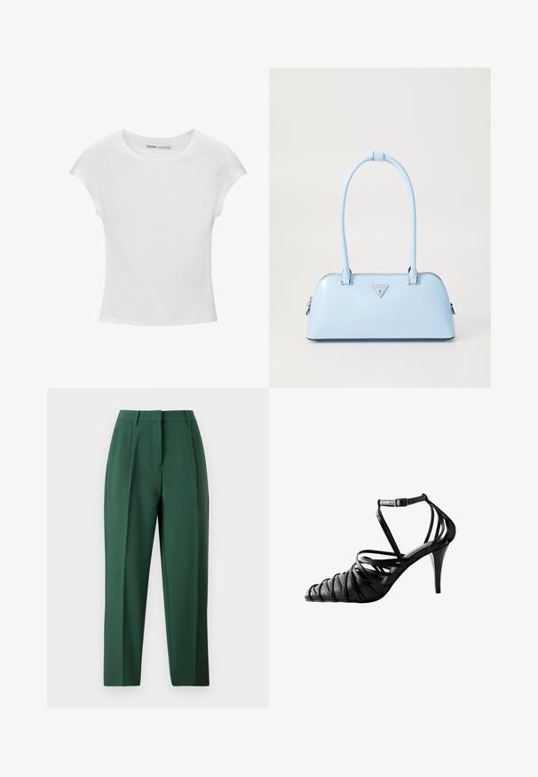 Hvid bomuld t-shirt med korte, opsmøgede ærmer, rund halsudskæring og lige kant. Glat tekstur uden synlige mønstre eller detaljer.; Grønne bukser med skræddersyet design, der har flad front, lige ben og en glat tekstur. Ingen synlige lommer eller pynt.; Sorte højhælede sandaler med krydset stropper, åben tå og ankelspænde, lavet af glat syntetisk materiale.; Lyseblå håndtaske med en struktureret form, glat lædermateriale, to hanke og et trekantet brandlogo på fronten. Lynlås lukning.