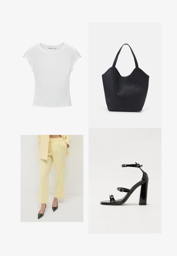Maglietta bianca in cotone con maniche corte arrotolate, scollo tondo e orlo dritto. Texture liscia senza motivi o accenti visibili.; Calliope PANTALONE - Pantaloni - giallo limone; Sandali con tacco in vernice nera, con punta squadrata, cinturini alla caviglia e fibbie in argento. Presentano un tacco a blocco spesso per maggiore stabilità.; Borsa tote nera realizzata in pelle liscia, con una parte superiore curva e aperta, dotata di due manici per spalla e un design minimalista.
