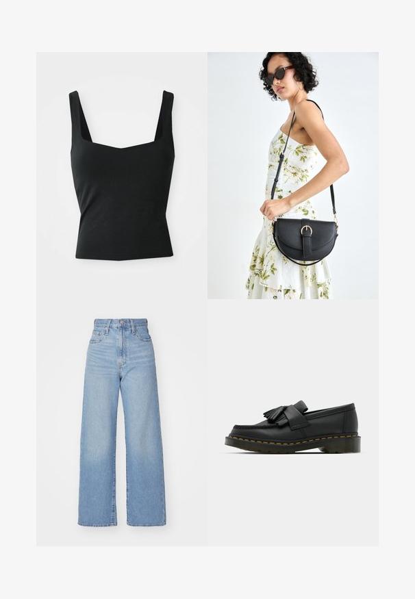 Black sleeveless top made of smooth fabric, featuring a square neckline and a fitted shape, with no visible patterns or hardware.; Light blue high-waist wide-leg jeans with front button and zip closure, front and back pockets, on a white background.; Black leather loafers with a rounded toe, featuring a fringed detail and a decorative band across the front, set on a chunky heel.; Black leather handbag with a curved shape, detachable strap, and gold hardware. The bag features a flap with a buckle detail.
