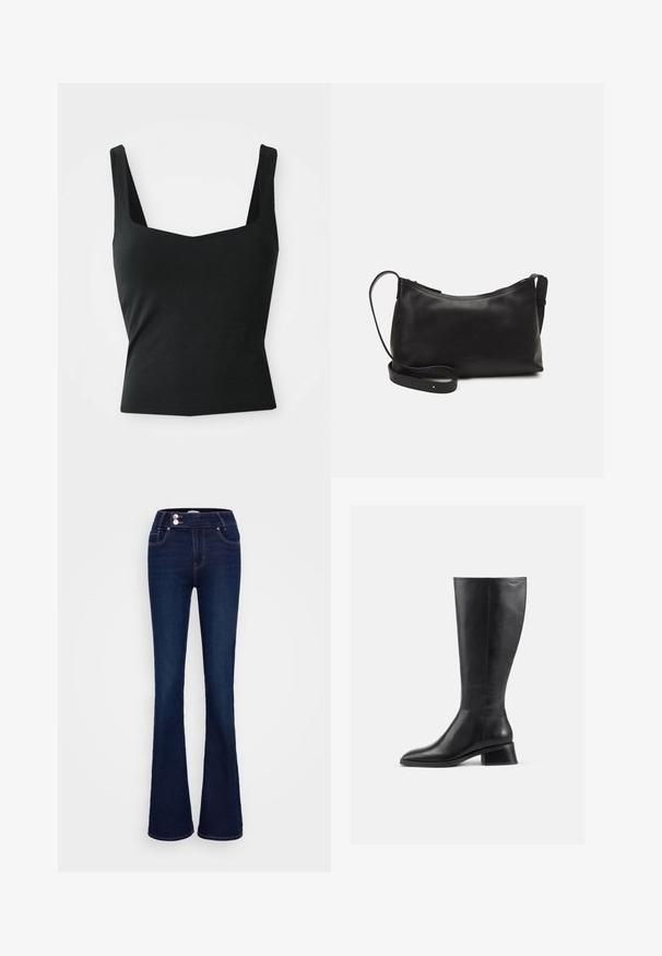 Top preto sem mangas, feito de um tecido liso, com um decote quadrado e uma forma ajustada, sem padrões ou fechos visíveis.; Jeans de flair em azul escuro com cintura alta, dois bolsos frontais e dois fechos de botão. Feitos de denim com uma textura suave.; Bota de couro preta até ao joelho, com bico redondo e salto baixo, em bloco. Apresenta uma textura suave e detalhes de costura mínimos.; Bolsa de ombro em pele preta com textura suave, forma curva, alça ajustável e fecho com zip. Design minimalista sem adornos.