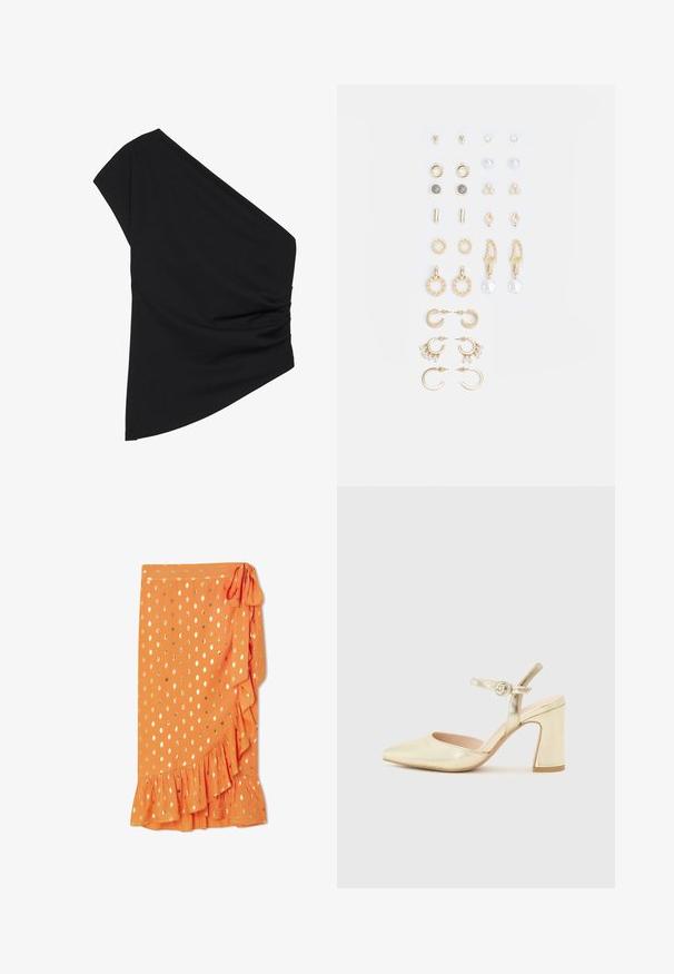 Ühe õlavarrega must topp, mis on valmistatud venivast kangast, millel on kõhuvormimise detail ja asümeetriline lõige. Sile tekstuur kerge drapeeringuga.; Kullerdisainiga oranž rätik-seelik, millel on kuldsed täpid, volditud äär ja küljetõmme. Valmistatud kerge kangast, millel on sile tekstuur.; Kuldmetallist kontsaking, millel on terav nina, ankle strap ringikujulise lukuga ja paksem kontsadisain. Sile tekstuur.; Kullastusust kõrvarõngaste komplekt, mis sisaldab erinevaid disaine, sealhulgas nööpe, rõngaid ja riputatavaid tükke, millel on pärlid ja rhinestones.