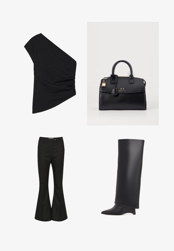 Crni top na jedno rame od rastezljivog materijala, s naboranim detaljem sa strane i asimetričnom ivicom. Glatka tekstura s blagim pada.; Crne trapezice od glatkog materijala, s visokim strukom, prednjim zatvaranjem na dugme i elegantnim, krojenim dizajnom.; Crna čizmica do koljena od glatke kože, s oštrom toen i trokutastom petom. Dizajnirana s elegantnim, glatkim gornjim dijelom.; Crna kožna torba sa strukturiranim oblikom, zlatnim hardverom i detaljem brave. Sadrži dva gornja ručka i ušlog brendiranja na prednjoj strani.