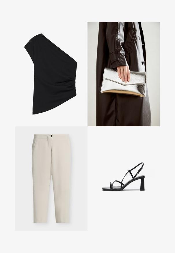 One-shoulder black top made of stretchy fabric, featuring a ruched side detail and an asymmetric hem. Smooth texture with slight drape.; Beige tailored trousers with a straight leg, side pockets, and a front zip closure. Smooth fabric with a clean, minimalist design.; Black high-heeled sandals with a square toe, thin adjustable straps, and a chunky block heel. Smooth leather texture with minimal detailing.; Silver metallic clutch with an angular envelope design, smooth texture, and contrasting interior color, held in a hand wearing a black coat.