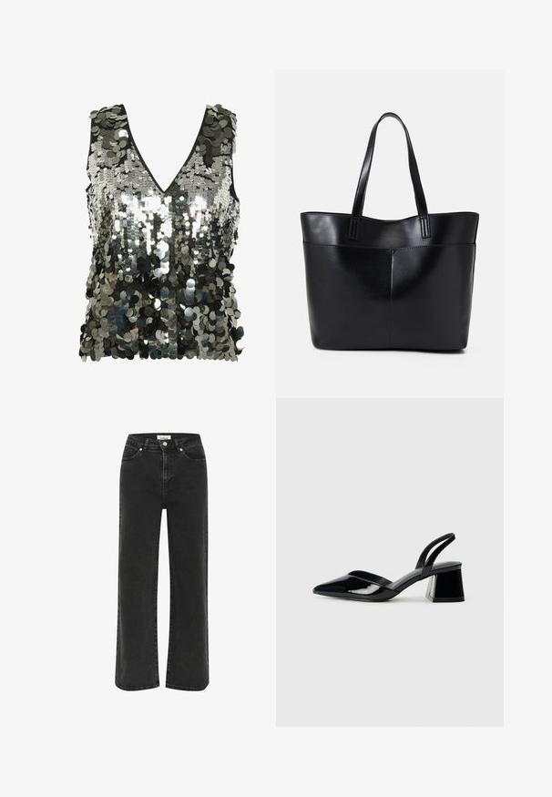 Kätse võrgustikuga süvav-v-kaelusega top, kaetud peegeldava hõbeda ja mustade litritega, mis näitab tekstureeritud ja säravat pinda.; Mustad laiad teksad, mis on valmistatud denimist, kõrge talje, esitaskud ja tõmblukk koos nupuga. Kangas on kerge fade'i efektiga.; Mustad musta lakknahk kingad, millel on terav varvas ja geomeetriline plokkkonts. Omab elegantselt minimalistlikku disaini ja sujuvat tekstuuri.; Must mustaga musta nahast, millel on kaks pikka kanda, sile tekstuur ja struktureeritud kuju. Esipoolsel on lisakoti jaoks tasku.