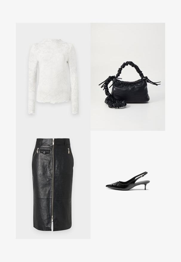 Balta garām piedurknēm blūze ar augstu kakla līniju, kurai ir smalka ziedu mežģīņu raksts un viļņota apakšmala.; Melna ādas zīmuļu svārku ar krokodila tekstūru, ar priekšpuses rāvējslēdzēja aizdari un divām sānu kabatām ar rāvējslēdzēju. Gluda apdare un pieguļoša forma.; Melni ādas sandales ar norādītu pirkstu, mazu kaķa papēdi un dekoratīvu mezglu detaļu priekšā. Gluda tekstūra visā virsmā.; Melnā mākslīgās ādas rokassoma ar krokodila rakstu, savilkta augšdaļa un saburzīta siksna. Izskatās mīksta un kompakta pēc dizaina.