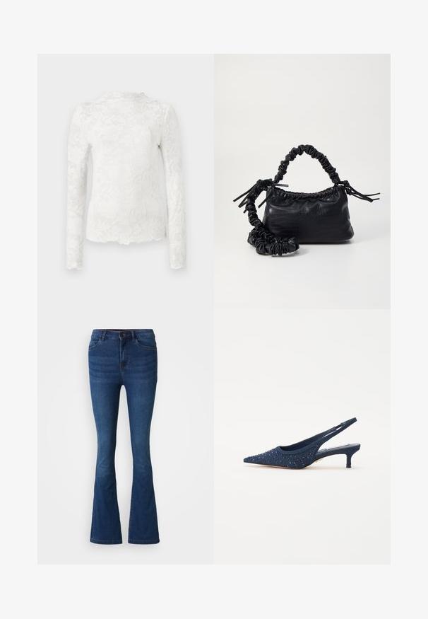 White long-sleeve top with high neckline, featuring a subtle floral lace pattern and scalloped hem.; Dark blue denim flare jeans with front and back pockets, button and zip closure, and faded detailing on the thighs and knees.; Navy blue slingback shoe with a pointed toe, embellished with blue beads and a textured fabric upper; features a low, block heel.; Black faux leather handbag with a crocodile texture, cinched top, and a scrunched strap. Appears soft and compact in design.