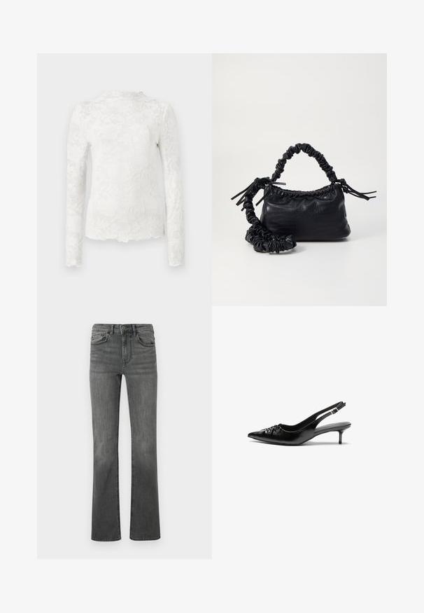 Blusa branca de manga longa com gola alta, apresentando um discreto padrão de renda floral e bainha assimétrica.; Calças flare em denim cinza escuro com cintura alta, cinco bolsos e fecho com um único botão. Textura suave com ligeiro desbotamento.; Sapatos de salto alto slingback em couro preto com bico fino, pequeno salto kitten e um detalhe decorativo em forma de nó na parte da frente. Textura suave em toda a parte.; Bolsa de mão em couro sintético preto com textura de crocodilo, topo franzido e alça enrugada. Apresenta um design suave e compacto.