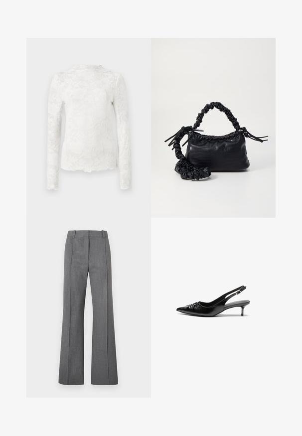 Top bianco a maniche lunghe con collo alto, caratterizzato da un sottile motivo in pizzo floreale e orlo scallop.; Pantaloni grigi a righe con fondo svasato, frontale piatto, passanti per cintura e una texture liscia. Design a lunghezza intera con dettagli a motivo sottili.; Tacchi slingback in pelle nera con punta affusolata, piccolo tacco kitten e un dettaglio a nodo decorativo sulla parte anteriore. Texture liscia su tutta la superficie.; Borsa a tracolla in ecopelle nera con texture a coccodrillo, apertura cinchata e tracolla arricciata. Si presenta con un design morbido e compatto.