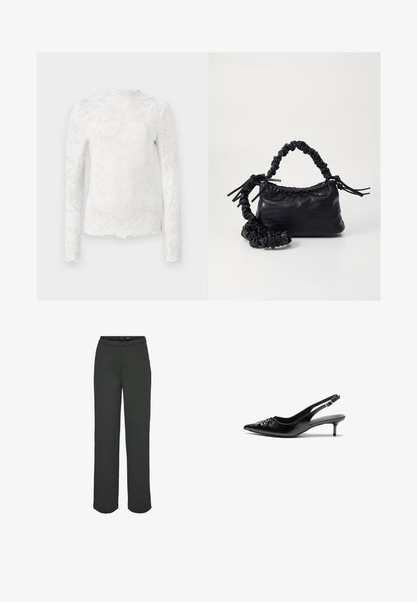 Blusa branca de manga longa com gola alta, apresentando um discreto padrão de renda floral e bainha assimétrica.; Calças largas de cor verde-escura feitas de tecido suave. Apresentam um cós com passantes para cinto, bolsos frontais e um corte reto.; Sapatos de salto alto slingback em couro preto com bico fino, pequeno salto kitten e um detalhe decorativo em forma de nó na parte da frente. Textura suave em toda a parte.; Bolsa de mão em couro sintético preto com textura de crocodilo, topo franzido e alça enrugada. Apresenta um design suave e compacto.