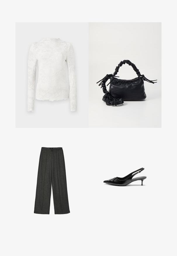 Top alb cu mânecă lungă, cu decolteu înalt, având un model subtil din dantelă florală și margine ondulată.; Pantaloni largi gri închis, fabricați dintr-un material texturat, având talie înaltă și două plii frontale pentru un plus de detaliu stilistic.; Cizme slingback din piele neagră, cu vârf ascuțit, toc mic de tip kitten heel și un detaliu decorativ sub formă de nod în față. Textură netedă pe întreaga suprafață.; Geantă din faux leather neagră cu textură de crocodil, cu partea superioară strânsă și o curea mototolită. Pare moale și compactă ca design.