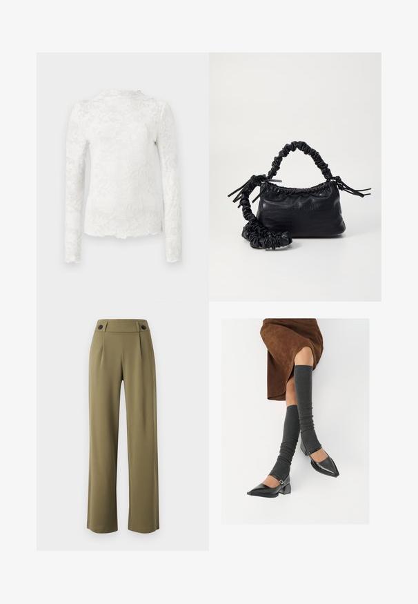 Weißes Langarmoberteil mit hohem Kragen, das ein dezentes florales Spitzenmuster und einen gewellten Saum aufweist.; Olivgrüne, weite Hose mit hohem Bund, die zwei schwarze Knöpfe am Bund und vordere Falten aufweist. Glatte Stoffoberfläche.; Schwarze lacklederne spitze Schuhe mit Blockabsatz und Knöchelriemen, kombiniert mit grauen gerippten Beinstulpen und einem braunen Wildlederrock.; Schwarze Handtasche aus Kunstleder mit Krokodilstruktur, gerafftem oberen Teil und einem geschoppten Tragegurt. Sie wirkt weich und kompakt im Design.