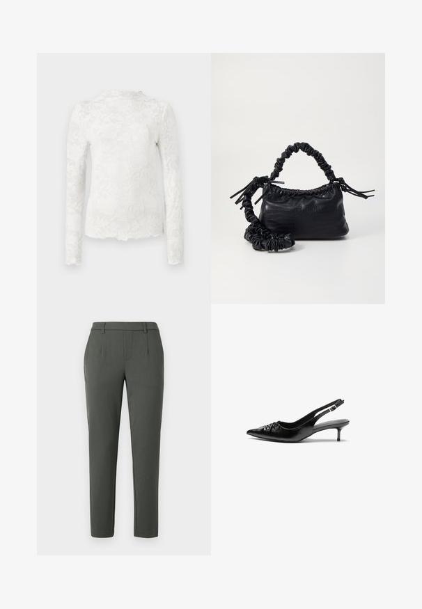 White long-sleeve top with high neckline, featuring a subtle floral lace pattern and scalloped hem.; Dark green trousers with a tailored fit, featuring two side pockets, a zip fly, and pleat details for structured design.; Black leather slingback heels with a pointed toe, small kitten heel, and a decorative knot detail on the front. Smooth texture throughout.; Black faux leather handbag with a crocodile texture, cinched top, and a scrunched strap. Appears soft and compact in design.