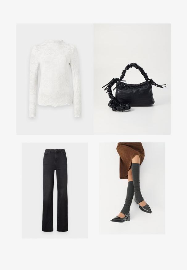 Hvit langermet topp med høy hals, med et subtilt blomstrete blondermønster og bølget kant.; Sorte denim rettbente jeans med høy midje, fem lommer og synlige sømmer. Glatt tekstur med en lett falmet finish.; Sorte lakkpumps med spiss tå, blokkhel, og ankelstropp, kombinert med grå ribbestrikkede beinvarmere og et brunt semsket skinn skjørt.; Svart faux skinn-håndveske med krokodilletekstur, strammet topp og en rynket stropp. Ser myk og kompakt ut i designen.