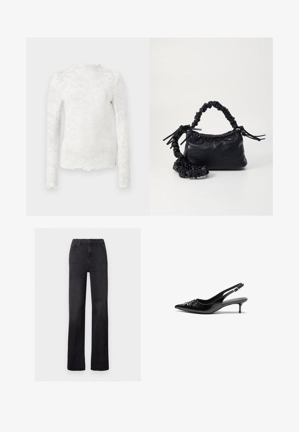 Biela blúzka s dlhým rukávom a vysokým golierom, zdobená jemnou kvetinovou čipkou a vlnitým lemom.; Čierne džíny so rovnými nohavicami a vysokým pásom, s piatimi vreckami a viditeľným prešívaním. Hladká textúra s mierne vyblednutým povrchom.; Čierne kožené sandále na podpatku so špičatou špičkou, nízkym širokým podpätkom a nariaseným detailom na priehlavku. Hladká textúra a minimalistický dizajn.; Čierna umelá kožená kabelka s kroko vzorom, sťahovaným vrchom a zhnutým popruhom. Vyzerá mäkko a kompaktné v dizajne.