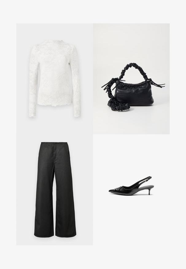 Witte langetermijn top met hoge halslijn, voorzien van een subtiel bloemachtig kantpatroon en een golvende zoom.; Zwarte wijde broek met zijzakken en een hoge taille, gemaakt van een gladde stof, gepresenteerd op een effen lichte achtergrond.; Zwarte leren slingback hakken met een spitse neus, kleine kittenhak en een decoratieve knoopdetail aan de voorkant. Smooth textuur overal.; Zwarte nepleer handtas met een krokodillenstructuur, opgedroogde bovenkant en een gekreukte hengsel. Het lijkt zacht en compact van ontwerp.