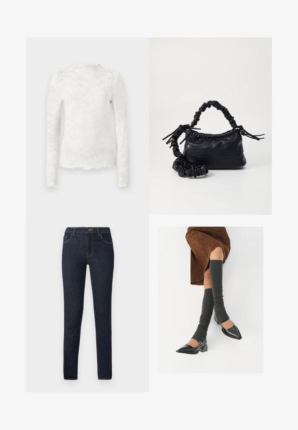 Blusa branca de manga longa com gola alta, apresentando um discreto padrão de renda floral e bainha assimétrica.; Jeans slim fit azul escuro com bolsos frontais, passantes para cinto e fecho de botão, exibidos contra um fundo branco liso.; Sapatos pretos de pele lacada com biqueira pontuda, salto bloco e tiras no tornozelo, combinados com caneleiras cinzas em malha e uma saia de camurça castanha.; Bolsa de mão em couro sintético preto com textura de crocodilo, topo franzido e alça enrugada. Apresenta um design suave e compacto.