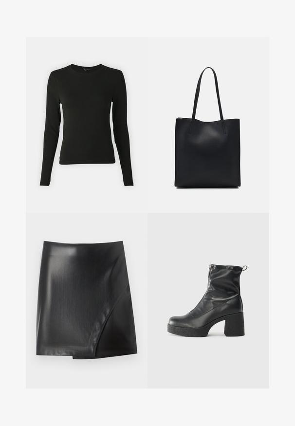Juodas ilgomis rankovėmis marškinys, pagamintas iš lygaus audinio, su apvaliu iškirpimu ir prigludusia forma, be matomų raštų ar akcentų.; Juodas dirbtinės odos mini sijonas su blizgiu, lygiu paviršiumi, turintis įstrižinę apvyniojimo dizainą ir švarius kraštus. Lygus tekstūra visame paviršiuje.; Juodos kulkšninių botai, pagaminti iš lygaus odos, su šoniniu užtrauktuku, masyviu tekstūruotu kulnu ir apvaliu pirštu.; Juodas odinis tote krepšys su lygia tekstūra, stačiakampio formos ir dviem ilgais rankenomis. Matomų metalinių detalių ar puošybos nėra.