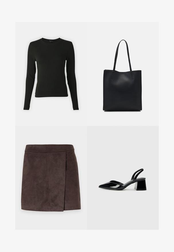 Črna majica s dolgimi rokavi iz gladke tkanine, okroglega izreza in prilegajoče oblike, brez vidnih vzorcev ali poudarkov.; Rjava umetna zamšasta mini krila z gladko teksturo, ki vsebuje stranski nabork, ravni rob in prilegajoč pas.; Črne lakirane slingback pete s koničastim nosom in geometrijsko blokasto peto. Imajo eleganten, minimalističen dizajn in gladko teksturo.; Črna usnjena torba s svilnato teksturo, pravokotne oblike in dvema dolgima ročajema. Brez vidnih metalnih delov ali okrasnih elementov.