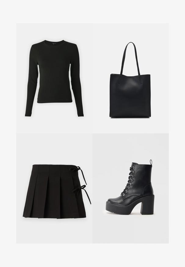 Musthave mustrükkis musta värvi, suletud varrukatega, millel on sile kangas, ümar kaelus ja vormikas lõige, ilma nähtavate mustrite või aktsentideta.; Must mustriga seelik külgsete sidetega, valmistatud siledast tekstuuriga kangast; omab struktureeritud disaini ja puhtaid jooni.; Must mustaankelisaapad, millel on paks plokkkonts, paeltega esiosa ja tekstuurpind. Tagaküljel on lihtsaks jalga panemiseks silmus.; Mustast nahast kott sujuva tekstuuriga, ristkülikukujuline ja kahe pika sangaga. Pole nähtavat riistvara ega kaunistusi.