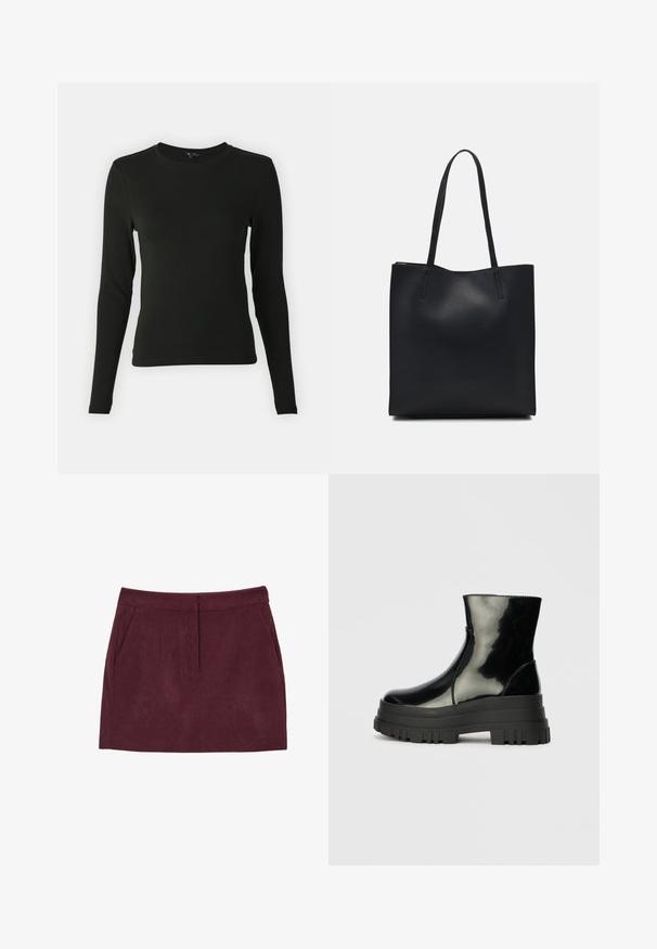 Schwarzes Langarmshirt aus glattem Stoff, mit rundem Ausschnitt und taillierter Passform, ohne sichtbare Muster oder Akzente.; Burgunderfarbene Cordmini mit glatter Textur, ausgestattet mit zwei Fronttaschen und geradem Schnitt. Niedrige Taille mit subtilen Falten.; Schwarze, glänzende Knöchelstiefel mit dickem Profilsohle und abgerundeter Zehenform, Seitenansicht vor einem schlichten, hellgrauen Hintergrund.; Schwarze Laptoptasche aus Leder mit glatter Textur, rechteckiger Form und zwei langen Griffen. Keine sichtbaren Beschläge oder Verzierungen.