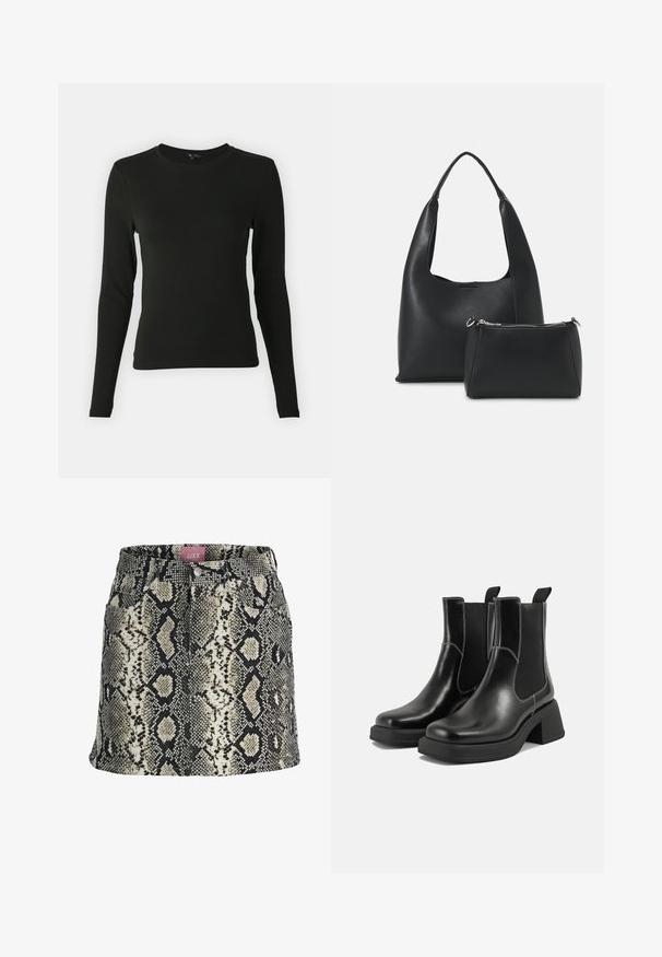 Černá košile s dlouhými rukávy vyrobená z hladké látky, s kulatým výstřihem a přiléhavým střihem, bez viditelných vzorů nebo akcentů.; Sukně na tělo v béžovém a černém hadím vzoru se zapínáním na knoflíky, poutky na pásek a čtyřmi funkčními kapsami.; Černé kožené chelsea boty s masivním podpatkem, elastickými bočními panely a kontrastním bílým prošitím. Texturovaný povrch.; Even&Odd Kabelka - black