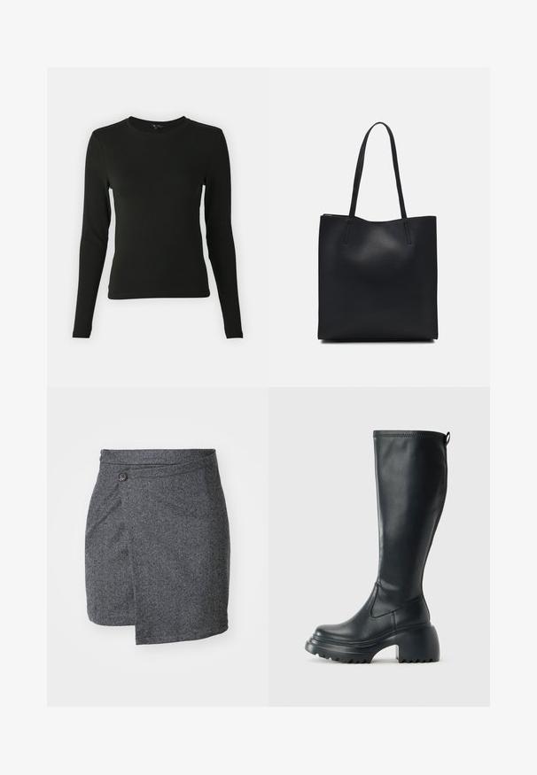 Camisa preta de mangas longas feita de um tecido suave, com decote redondo e forma ajustada, sem padrões ou detalhes visíveis.; Saia envolvente em padrão espinha de peixe cinza, feita de tecido de lã texturizada, com um fecho de botão único na cintura e uma bainha assimétrica.; Bota preta de couro alta com sola de plataforma robusta e salto bloco, apresentando puxador e padrão texturizado na sola.; Bolsa tote preta em couro com textura lisa, forma retangular e duas alças longas. Sem hardware ou enfeites visíveis.