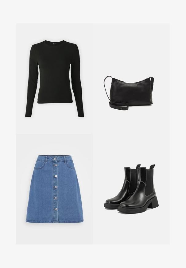 Schwarzes Langarmshirt aus glattem Stoff, mit rundem Ausschnitt und taillierter Passform, ohne sichtbare Muster oder Akzente.; Jeans-A-Linien-Rock in Hellblau, mit einer vorderen Druckknopfverschluss, zwei Taschen und einem ungesäumten Saum. Klassisches Fünf-Taschen-Design.; Schwarze Leder Chelsea-Stiefel mit einem klobigen Absatz, elastischen seitlichen Einsätzen und kontrastierendem weißen Nähten. Strukturierte Oberfläche.; Schwarze Ledertasche für die Schulter mit glatter Textur, geschwungener Form, verstellbarem Tragegurt und Reißverschluss. Minimalistisches Design ohne Verzierungen.