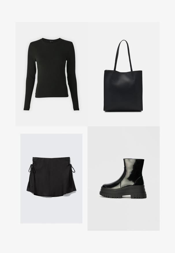 Halenka s dlhým rukávom v čiernej farbe, vyrobená z hladkej látky, so zaobleným výstrihom a priliehavým strihom, bez viditeľných vzorov alebo akcentov.; Čierna sukňa s hladkou textúrou, nastaviteľnými viazaniami na každej strane, mierne rozšíreným lemom a ľahkým materiálom.; Čierne lesklé členkové čižmy s hrubou podrážkou a zaoblenou špičkou, bočný pohľad na jednoduchom svetlošedom pozadí.; Čierna kožená taška na rameno s hladkým povrchom, obdĺžnikovým tvarom a dvoma dlhými uchami. Bez viditeľného kovania alebo ozdôb.