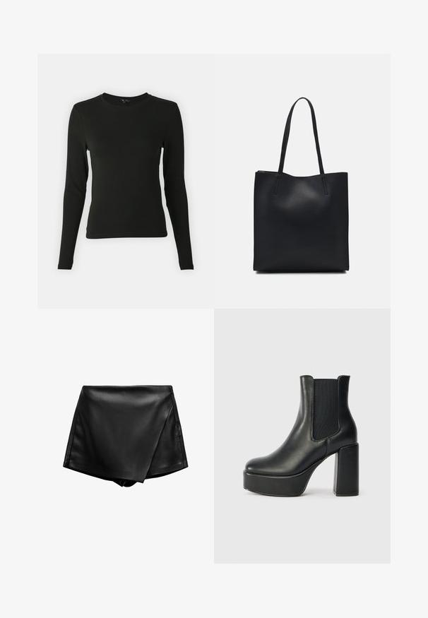 Schwarzes Langarmshirt aus glattem Stoff, mit rundem Ausschnitt und taillierter Passform, ohne sichtbare Muster oder Akzente.; Schwarze, kunstlederne Shorts mit hoher Taille und gewickeltem Design sowie glatter Textur. Hat klare Linien und keine sichtbaren Verschlüsse.; Schwarze Leder-Stiefelette mit klobigem Blockabsatz, elastischen Seitenpaneelen und glatter Oberfläche. Verfügt über eine Plateausohle für zusätzlichen Schwung.; Schwarze Laptoptasche aus Leder mit glatter Textur, rechteckiger Form und zwei langen Griffen. Keine sichtbaren Beschläge oder Verzierungen.