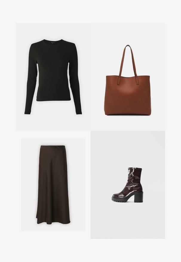 Chemise noire à manches longues en tissu lisse, avec un col rond et une coupe ajustée, sans motifs ni accents visibles.; Selected Femme SLFLENA - Jupe trapèze - coffee bean; Bottines bordeaux brillantes à talon épais noir, avec une texture lisse et un design simple. Aucune fermeture visible ni motifs.; Sac fourre-tout en cuir marron avec une texture lisse, design à ouverture supérieure et deux poignées pour le porter à l'épaule. Présente des coutures minimales et aucun matériel visible.