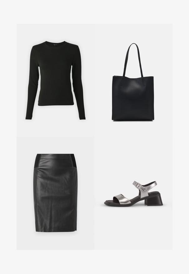 Hosszú ujjú fekete ing sima anyagból, kerek nyakkivágással és testhezálló fazonnal, látható minták vagy díszítések nélkül.; Fekete bőr ceruzaszoknya, amely szoros szabású, sima textúrájú, és mindkét oldalon elasztikus derékpánttal rendelkezik. A végén lapos hem.; Ezüst bőr szandál, nyitott orral, széles elülső pánttal, boka pánttal csattal és közepes blokk sarkával.; Fekete bőrtáska sima felszínnel, téglalap alakú, két hosszú füllel. Nincs látható fémkiegészítő vagy díszítés.