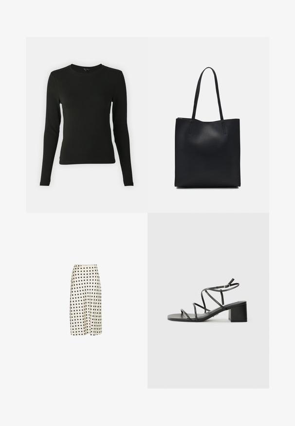 Long-sleeve black shirt made of smooth fabric, featuring a round neckline and fitted shape, with no visible patterns or accents.; Midi skirt made of smooth fabric in off-white with large black polka dots, featuring a flared silhouette and a comfortable waistband.; Black strappy sandals with a square toe and a chunky heel, made of smooth material. Features adjustable ankle straps and minimal hardware.; Black leather tote bag with smooth texture, rectangular shape, and two long handles. No visible hardware or embellishments.