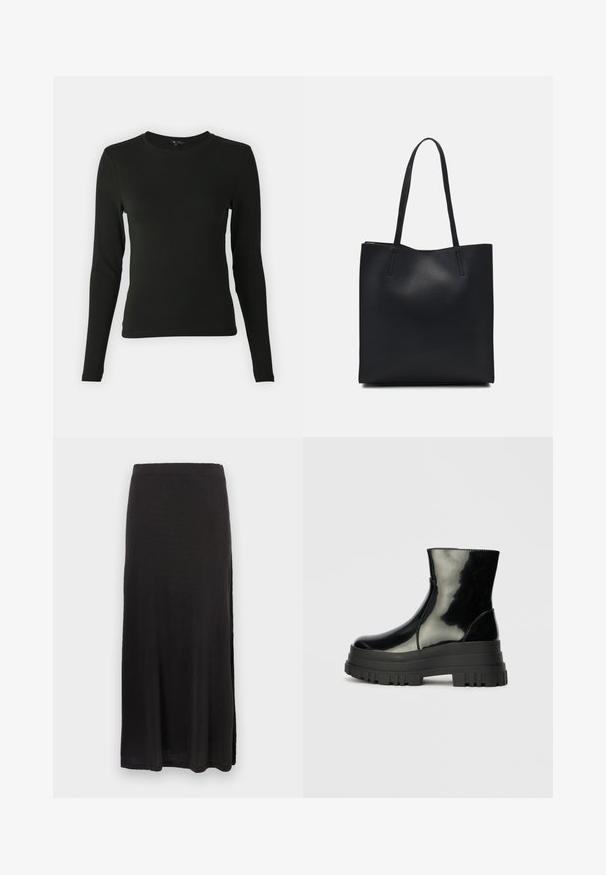 Halenka s dlhým rukávom v čiernej farbe, vyrobená z hladkej látky, so zaobleným výstrihom a priliehavým strihom, bez viditeľných vzorov alebo akcentov.; Čierna maxi sukňa z jemného materiálu, so striedmym strihom a bočným rozparkom, hladkou textúrou a elastickým pásom.; Čierne lesklé členkové čižmy s hrubou podrážkou a zaoblenou špičkou, bočný pohľad na jednoduchom svetlošedom pozadí.; Čierna kožená taška na rameno s hladkým povrchom, obdĺžnikovým tvarom a dvoma dlhými uchami. Bez viditeľného kovania alebo ozdôb.