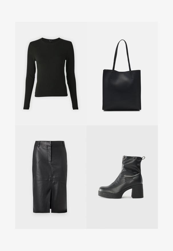 Pitkähihaista mustaa paitaa, joka on valmistettu sileästä kankaasta. Paidassa on pyöreä kaula-aukko ja se on muotoiltu istuvaksi, eikä siinä ole näkyviä kuvioita tai yksityiskohtia.; Mustat nahkainen kynähame, jossa on etuhalkio, sileä pinta, kaksi sivutaskua ja tiukka siluetti.; Mustat nilkkurit, jotka on valmistettu sileästä nahasta. Niissä on sivuvetoketju, paksu teksturoitu korko ja pyöristetty kärki.; Mustapahkainen kangaskassi, jossa on sileä pinta, suorakaiteen muotoinen ja kaksi pitkää kahvaa. Ei näkyvää metalliosaa tai koristeita.