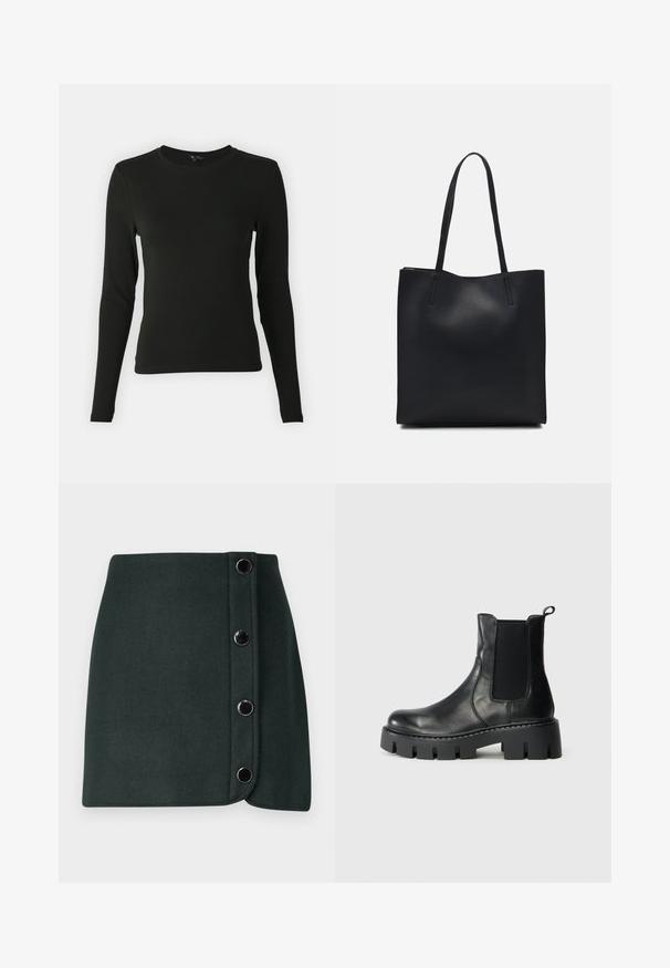 Juodas ilgomis rankovėmis marškinys, pagamintas iš lygaus audinio, su apvaliu iškirpimu ir prigludusia forma, be matomų raštų ar akcentų.; Tamsiai žalias vilnos mišinys, apvyniotas sijonas su šoniniu mygtukų uždarymu, turintis penkis metalinius mygtukus ir lygų paviršių.; Juodas odinis kulkšninis botinas su elastingais šoniniais paneliais, storu guminuku, ir patogia kilpa, esantis šviesiai pilkame fone, šoninis vaizdas.; Juodas odinis tote krepšys su lygia tekstūra, stačiakampio formos ir dviem ilgais rankenomis. Matomų metalinių detalių ar puošybos nėra.