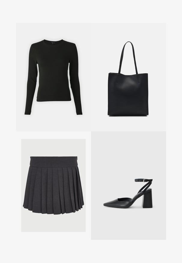 Maglietta nera a maniche lunghe realizzata in tessuto morbido, con scollo rotondo e forma aderente, senza motivi o accenti visibili.; Gonna grigia plissettata con vita piatta e chiusura con cerniera, realizzata in tessuto testurizzato, con pieghe profonde distribuite uniformemente.; Pump in pelle nera con punta affusolata, cinturino alla caviglia e tacco spesso. Texture piatta, design elegante ed estetica minimalista.; Borsa tote in pelle nera con texture liscia, forma rettangolare e due manici lunghi. Nessun hardware o decorazione visibile.