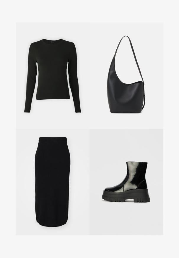 Černá košile s dlouhými rukávy vyrobená z hladké látky, s kulatým výstřihem a přiléhavým střihem, bez viditelných vzorů nebo akcentů.; Černá sukně ke kolenům vyrobená z měkké tkaniny, s přiléhavým střihem a širokým elastickým pasem pro pohodlí a snadné nošení.; Černá lesklá kotníková bota s robustní podrážkou a zaoblenou špičkou, boční pohled na jednolitém světle šedém pozadí.; Černá kožená hobo taška s hladkým povrchem, zakřiveným tvarem a jedním nastavitelným popruhem; má široké otevírání nahoře.