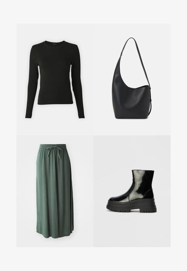 Chemise noire à manches longues en tissu lisse, avec un col rond et une coupe ajustée, sans motifs ni accents visibles.; Jupe verte de longueur mi-longue en tissu doux avec une taille élastique et un cordon de serrage ajustable ; texture lisse et design simple.; Bottines noires brillantes avec semelle lugg épaisse et bout rond, vue de côté sur un fond gris clair uni.; Sac hobo en cuir noir avec une texture lisse, une forme incurvée et une seule sangle réglable ; dispose d'une large ouverture en haut.
