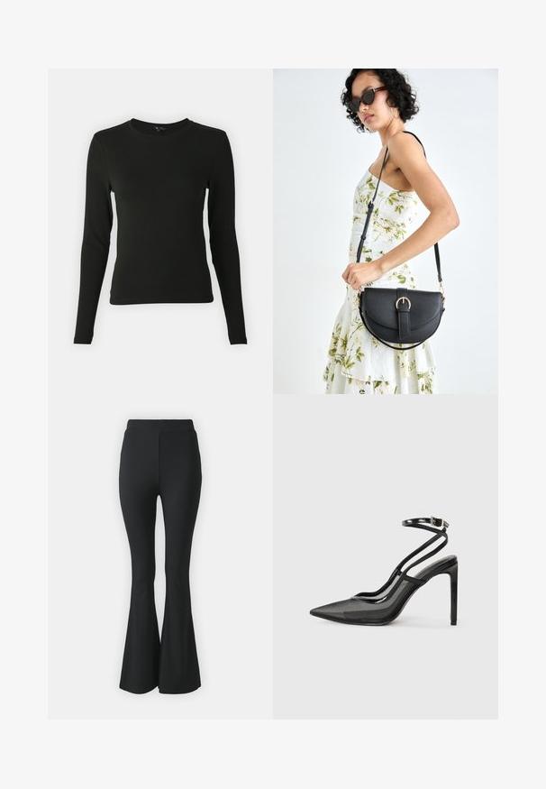 Langærmet sort skjorte lavet af glat stof, med rund halsudskæring og tætsiddende pasform, uden synlige mønstre eller accenter.; Sorte buks med flared design lavet af strækbart stof. Har en høj talje og et glat, tætsiddende design, der flared ud fra knæet og ned.; Sort højhælet pumpe med spids tå, kombination af net- og laklæder, ankelrem med spænde detaljer, slankt silhouet.; Sort læderhåndtaske med en buet form, aftagelig rem og guldfinish. Tasken har en klap med en spænde detalje.