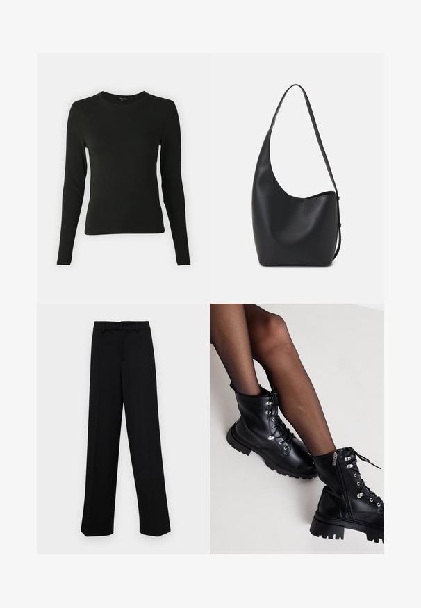 Halenka s dlhým rukávom v čiernej farbe, vyrobená z hladkej látky, so zaobleným výstrihom a priliehavým strihom, bez viditeľných vzorov alebo akcentov.; Čierne široké nohavice vyrobené z hladkej látky, s klasickým pásom a zapínaním na gombík, a prednými skladmi.; Even&Odd Wide Fit Členkové šnurovacie čižmy - black; Čierna kožená hobo taška so hladkou textúrou, zakriveným tvarom a jedným nastaviteľným popruhom; má široké otvorenie na vrchu.