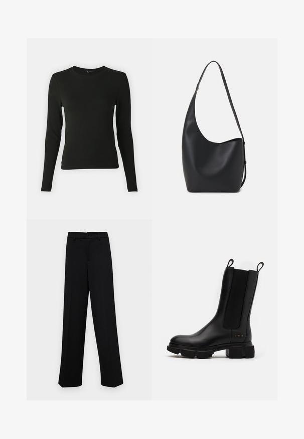 Musthave mustrükkis musta värvi, suletud varrukatega, millel on sile kangas, ümar kaelus ja vormikas lõige, ilma nähtavate mustrite või aktsentideta.; Musta laiad püksid siledast kangast, millel on klassikaline vöökoht, nööbiga sulgemine ja ees voldid.; Must musta külge tõmmatav must nahast pahkluu saabas, millel on elastsed külgpaneelid, koonuseline kummitald ja tõmbetapp. Omab külgedel peent brändimist, mis on sisse surutud.; Mustast nahast hobo kott, millel on sile tekstuur, kumer kuju ja üks reguleeritav rihm; peal on lai avaus.