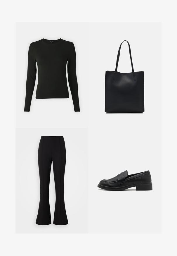 Camisa preta de mangas longas feita de um tecido suave, com decote redondo e forma ajustada, sem padrões ou detalhes visíveis.; Calças largas pretas feitas de um tecido elástico, com uma textura suave, cintura alta e detalhes de costura na frente.; Mocassins de couro preto com bico redondo, detalhes costurados e um salto baixo em bloco. Textura suave com um design slip-on.; Bolsa tote preta em couro com textura lisa, forma retangular e duas alças longas. Sem hardware ou enfeites visíveis.